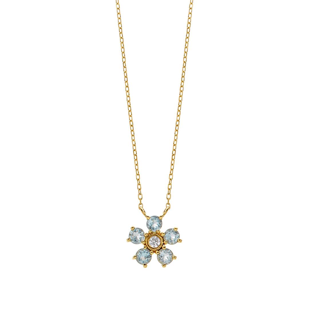 Aquamarine and Diamond Yellow Gold Flower Pendant Necklace 0