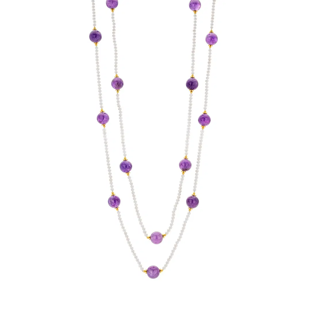 Long Beaded Necklace with Amethyst Stations