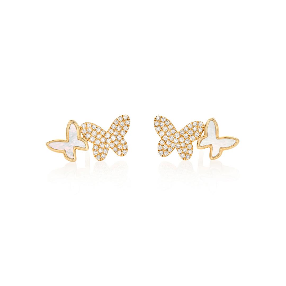 Mother of Pearl and Diamond Double Butterfly Stud Earrings