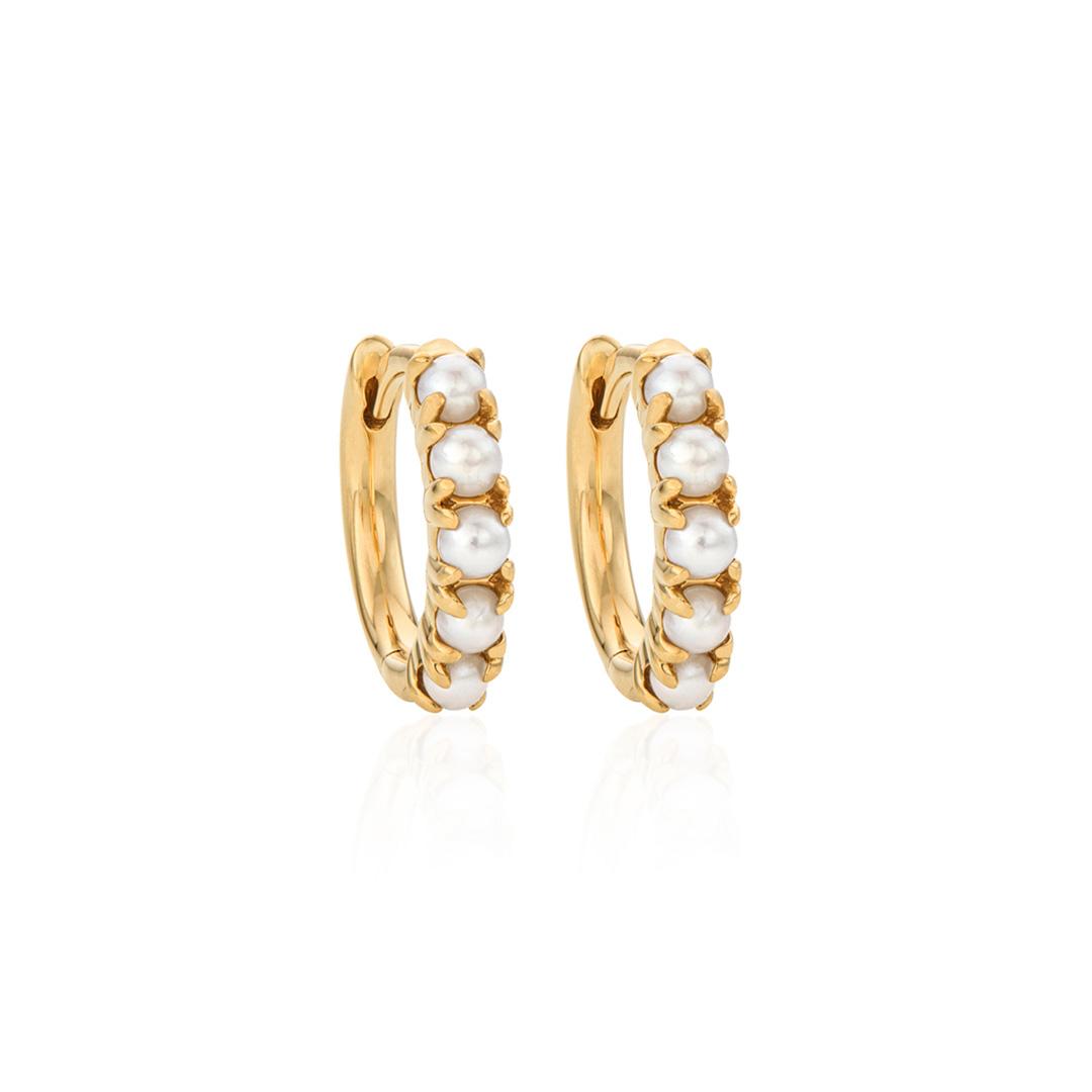 Yellow Gold Huggie Hoops with Pearls