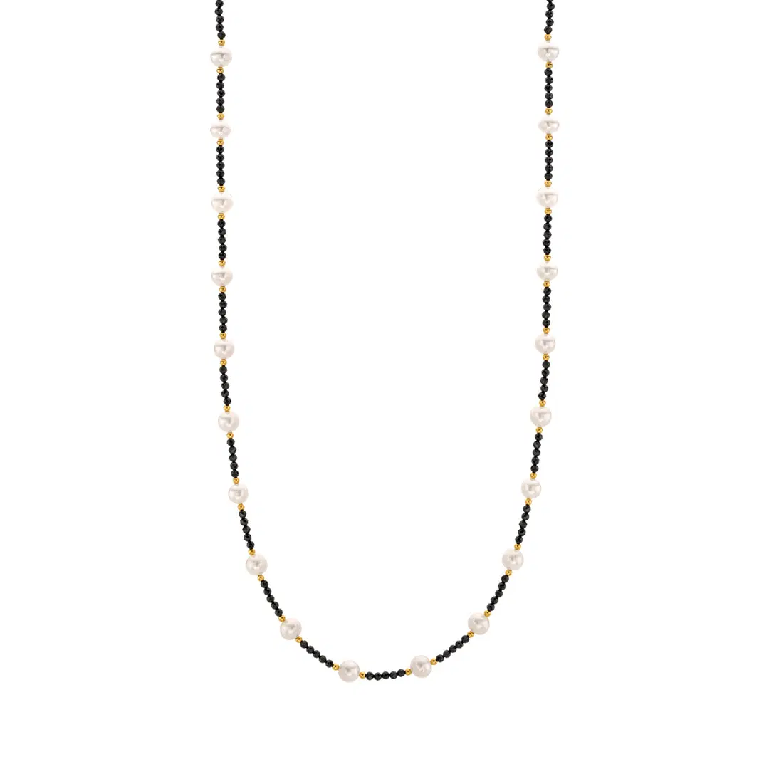 Pearl and Black Spinel Beaded Yellow Gold Plated Necklace
