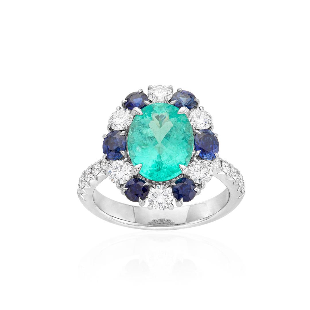 2.72 CT Oval Paraiba Tourmaline Ring with Sapphires and Diamonds