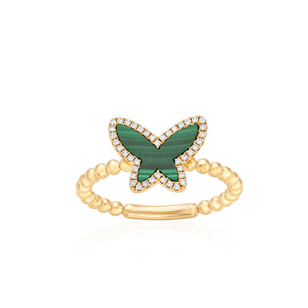 Beaded Butterfly Ring with Malachite and Diamonds