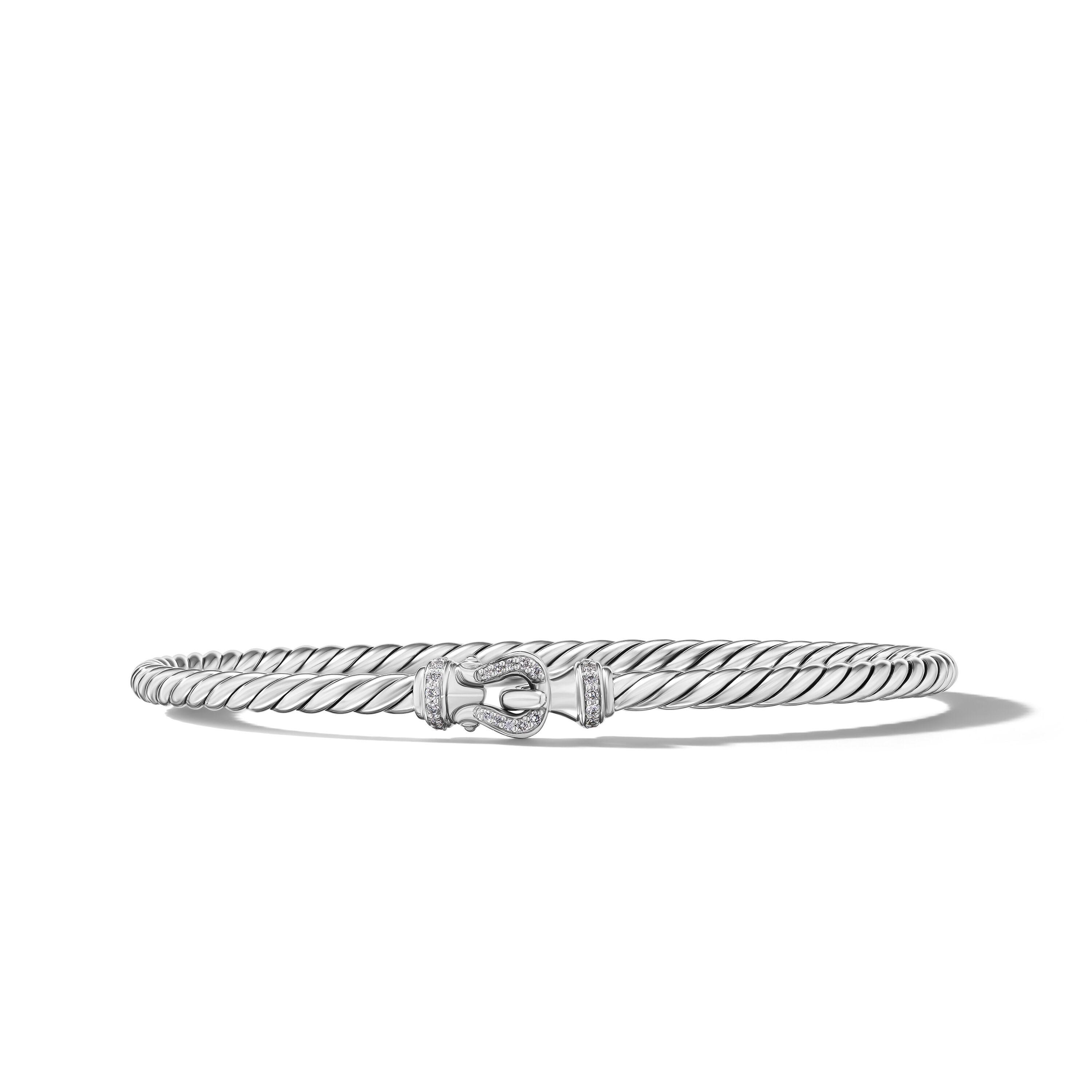 David Yurman 3mm Buckle Bracelet in Sterling Silver with Diamonds, Size Large