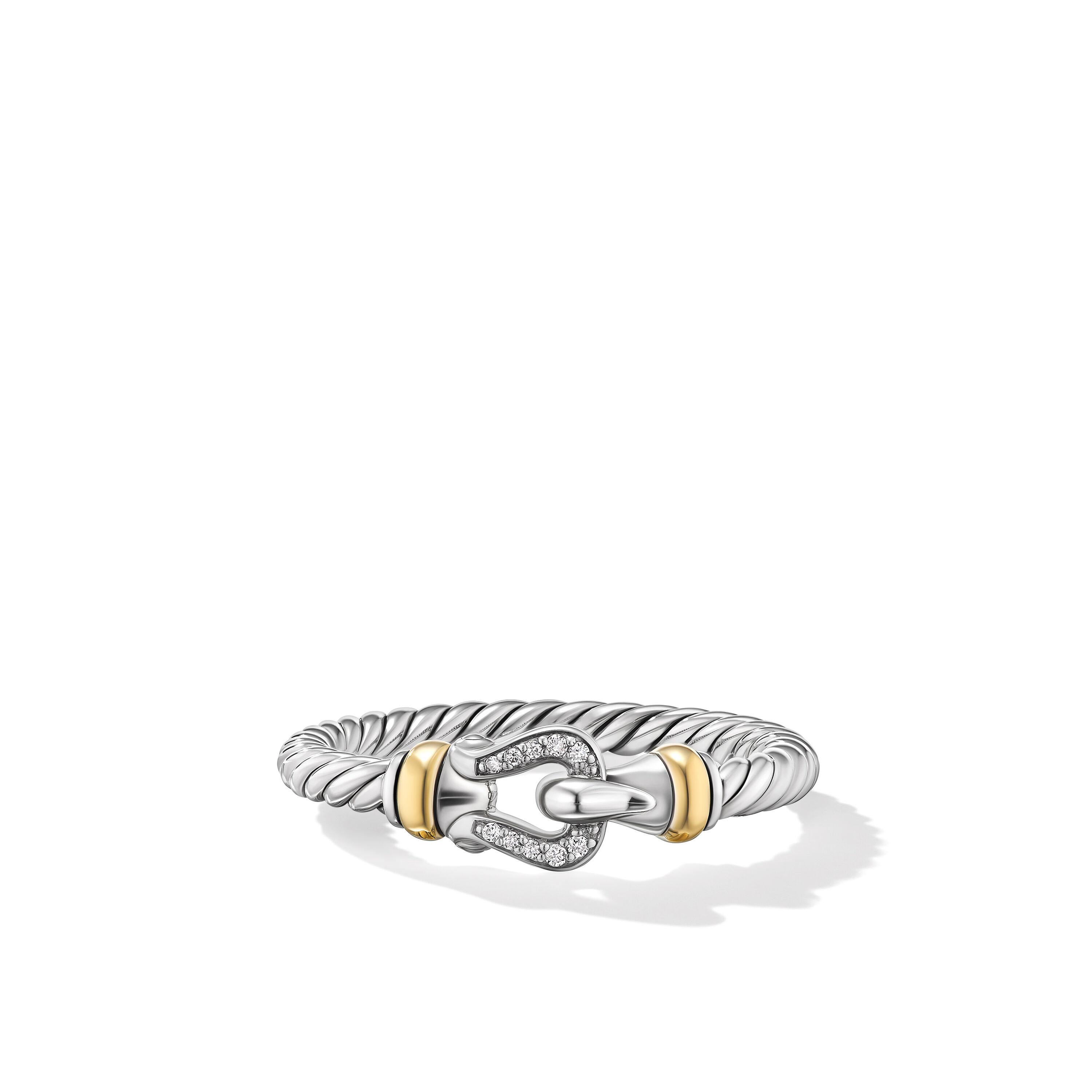 David Yurman Sterling Silver Petite Buckle Ring with 18k Yellow Gold and Diamonds, Size 6
