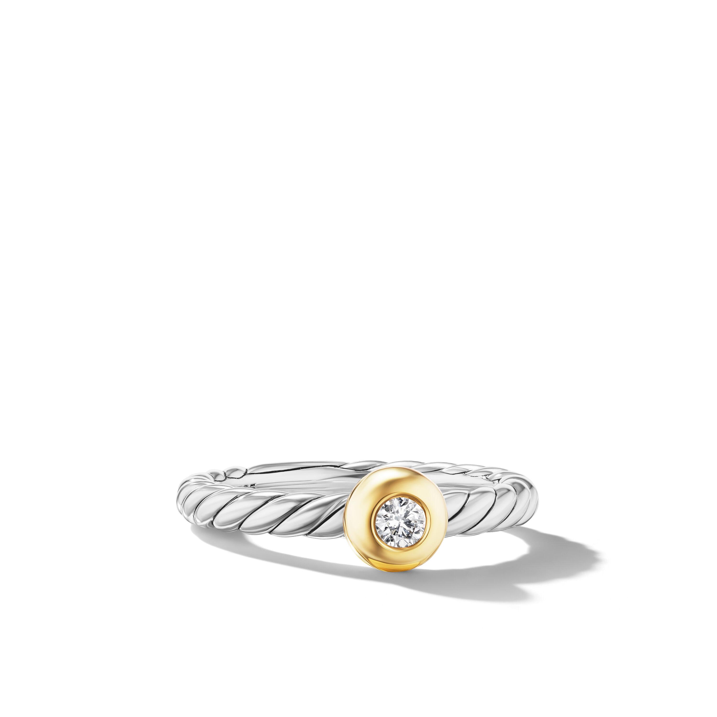 David Yurman Petite Cable Ring in Sterling Silver with 14K Yellow Gold and Diamond, Size 7
