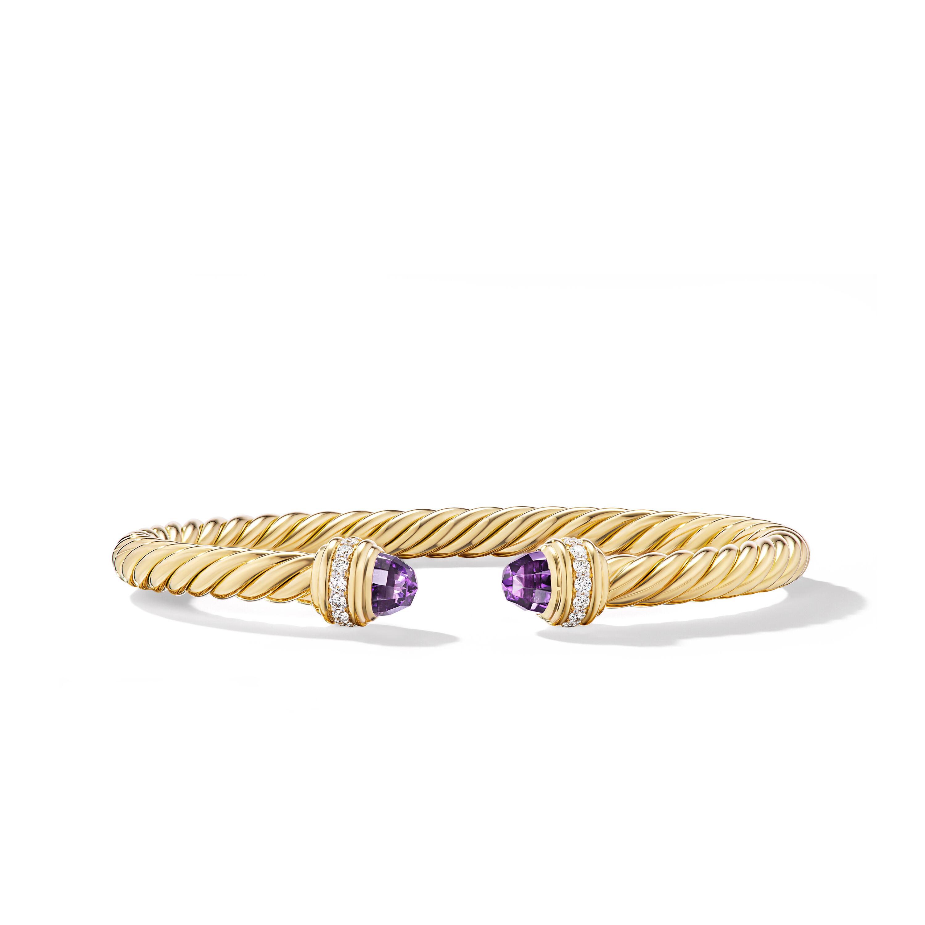 David Yurman Classic Cablespira 5mm Bracelet in 18K Yellow Gold with Amethyst and Diamonds