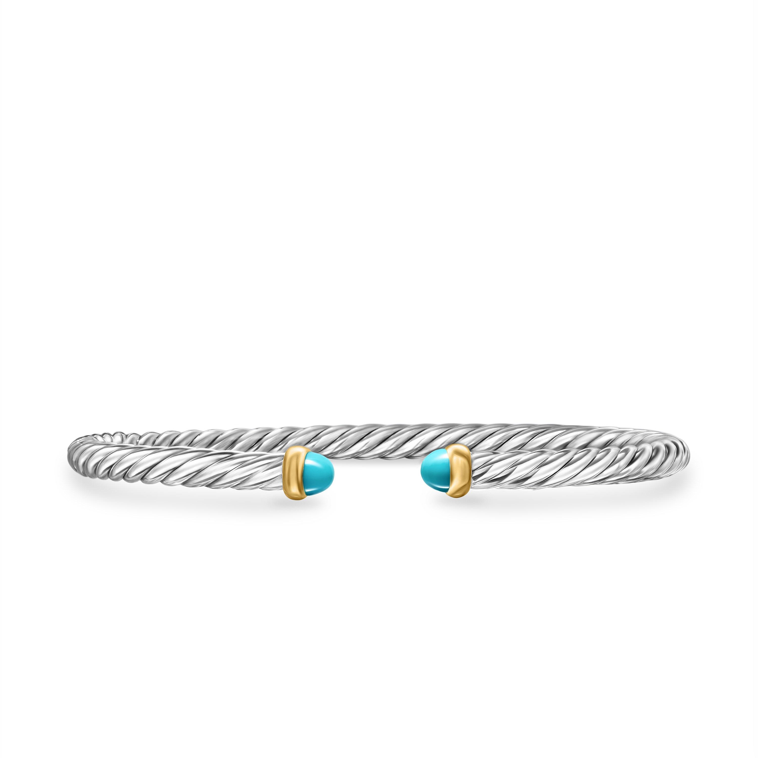 David Yurman Cable Flex Sterling Silver Bracelet with Turquoise, Size Small