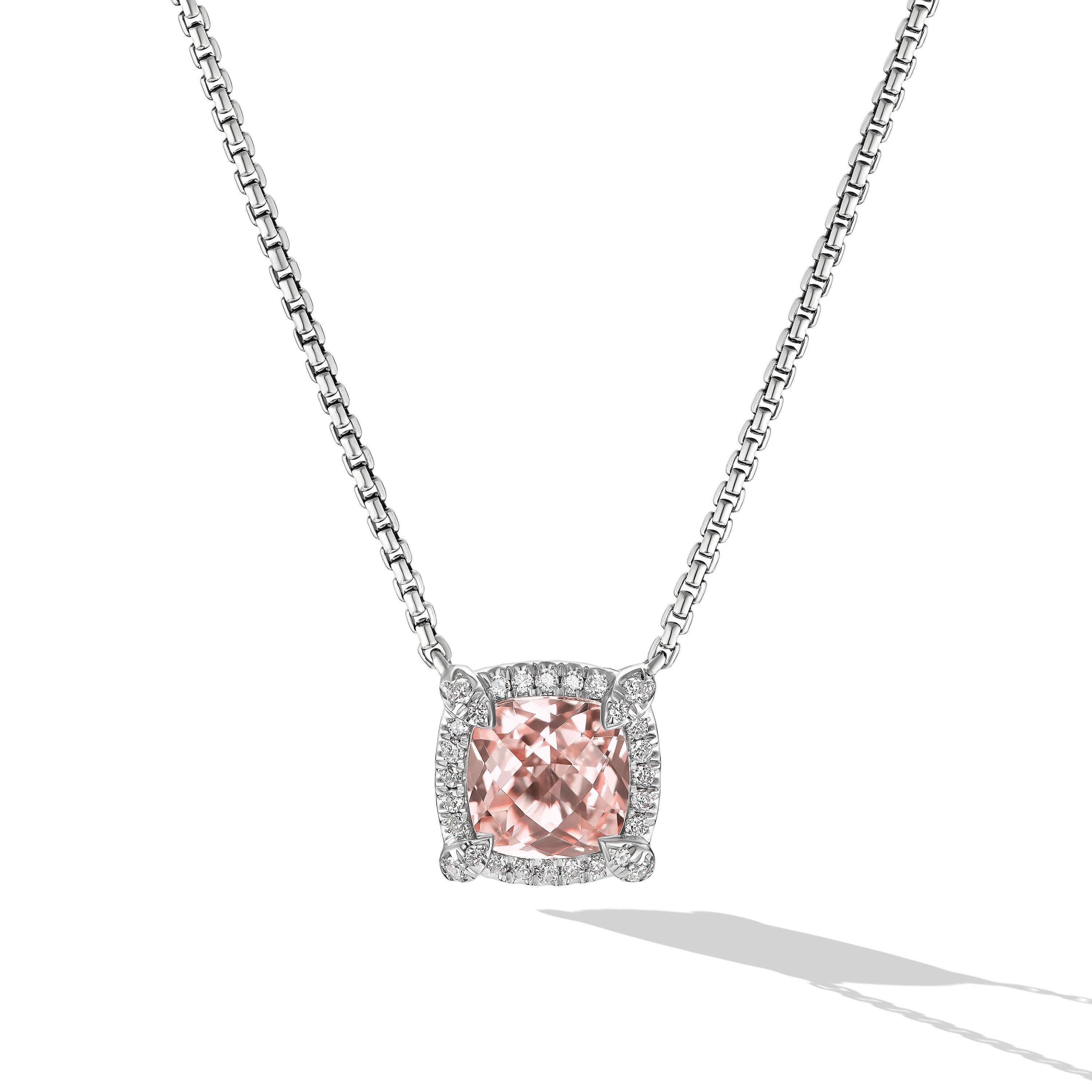 David Yurman Petite Chatelaine Pave Bezel Pendant Necklace in Sterling Silver with Morganite and Diamonds