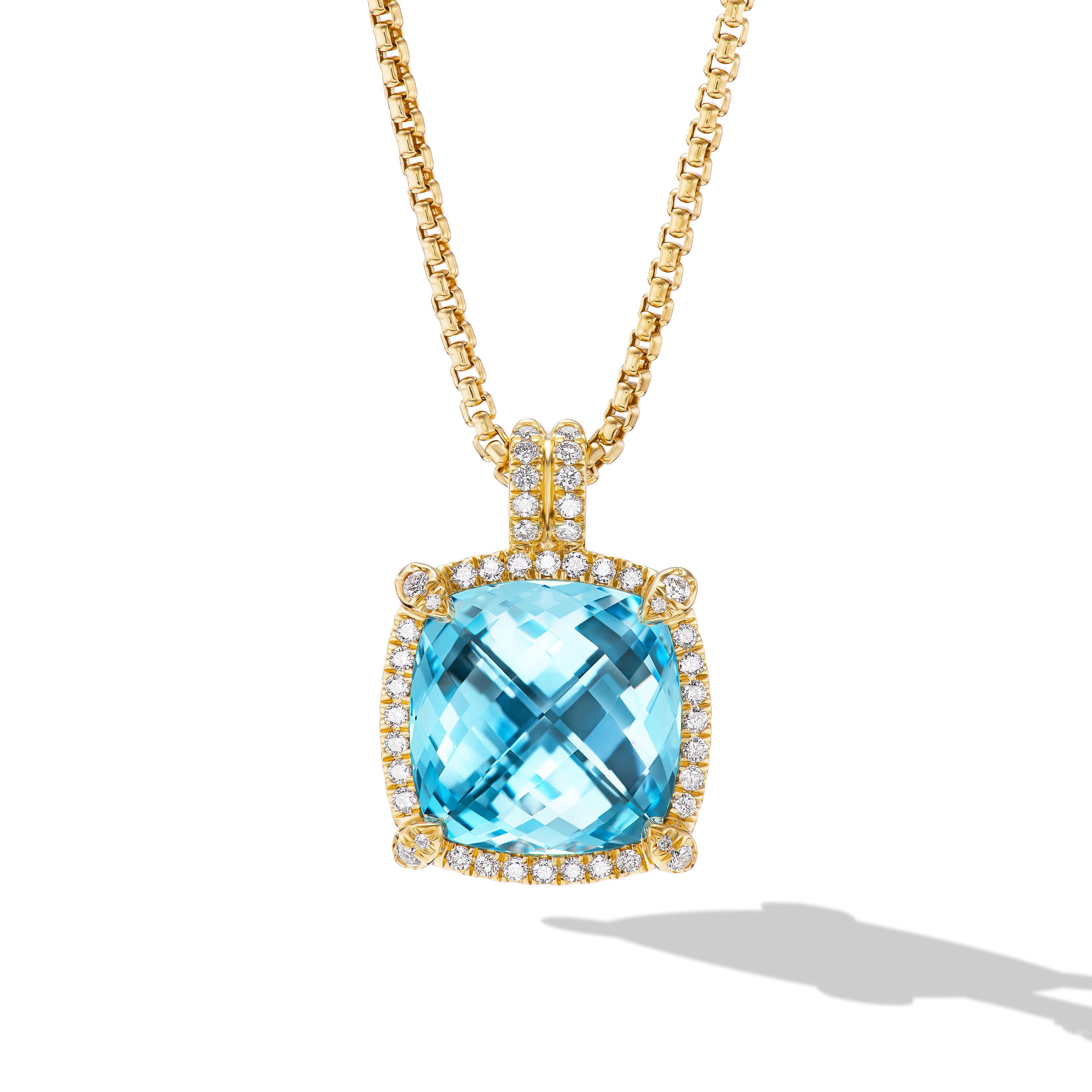 David Yurman Chatelaine Pave Bezel Pendant Necklace in 18K Yellow Gold with Blue Topaz and Diamonds