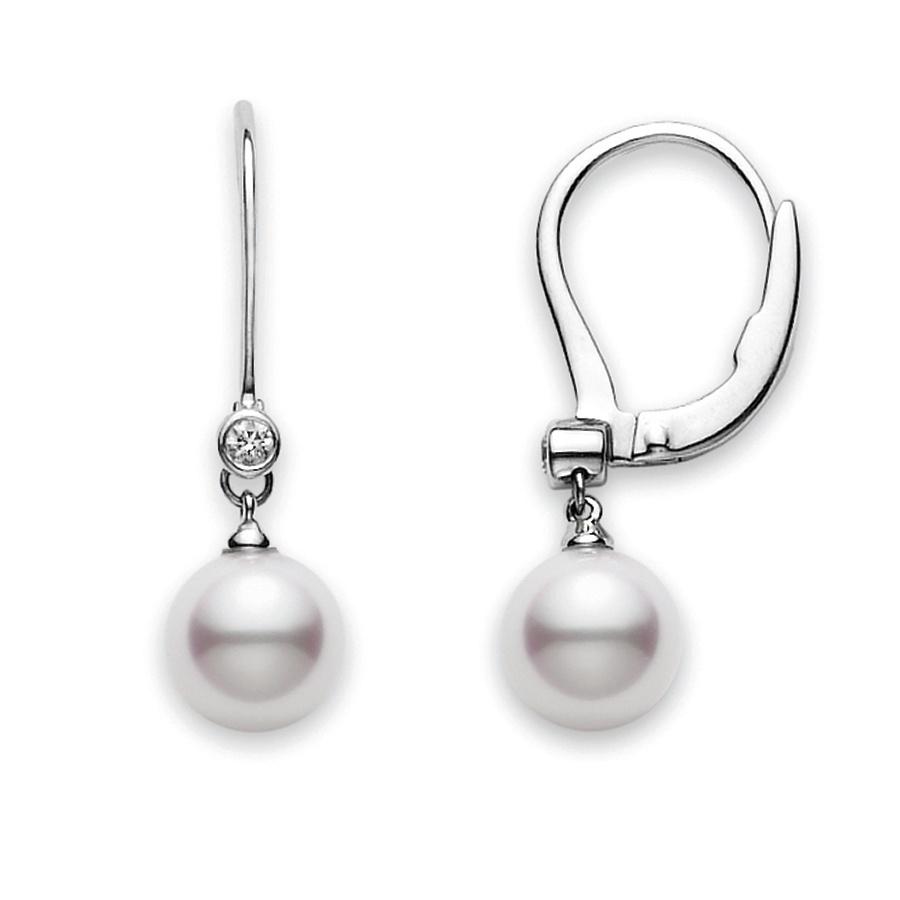 Mikimoto 7mm Akoya Pearl & Diamond Drop Earring with Leverback | Front and Side View