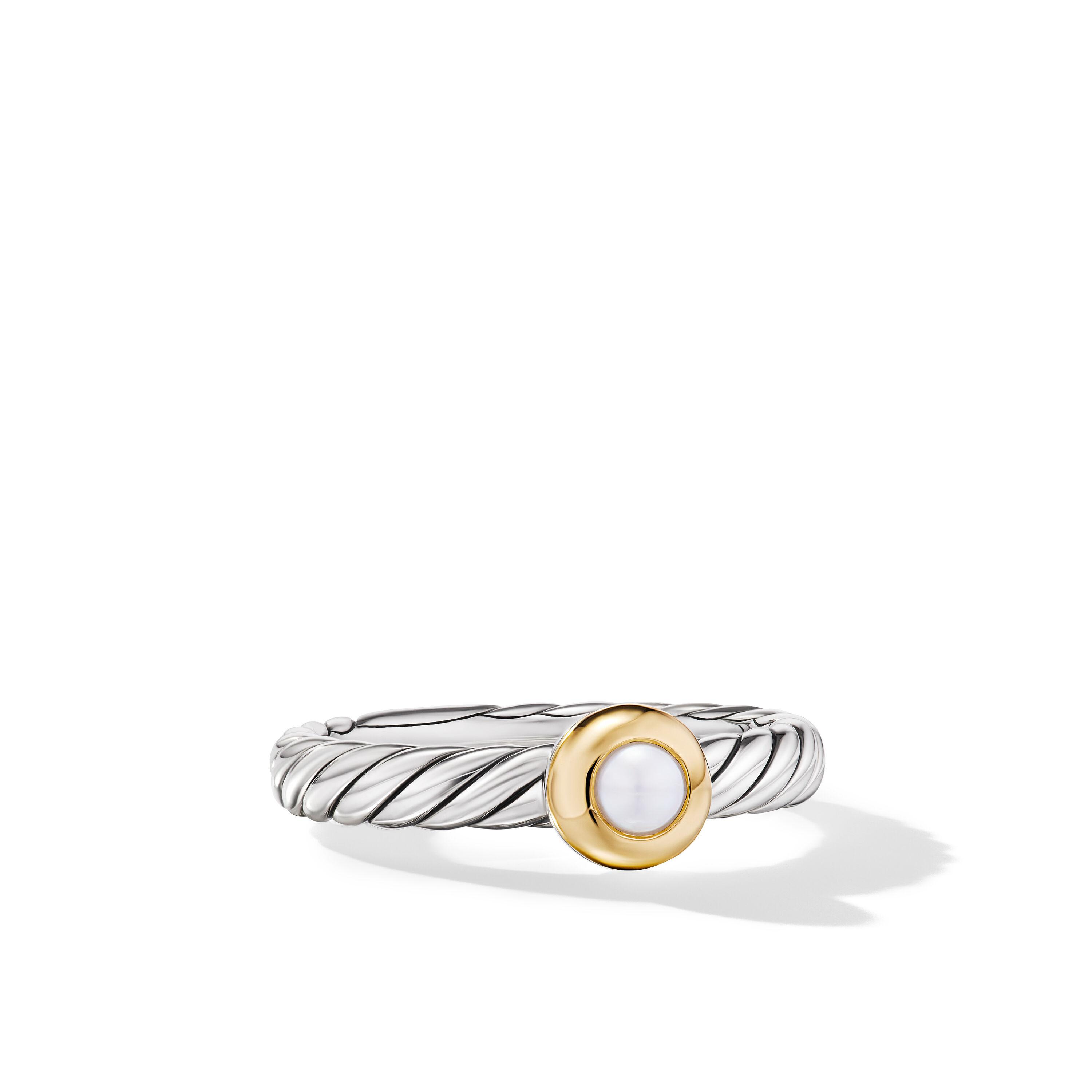 David Yurman Petite Cable Ring in Sterling Silver with 14K Yellow Gold and Pearl, Size 6