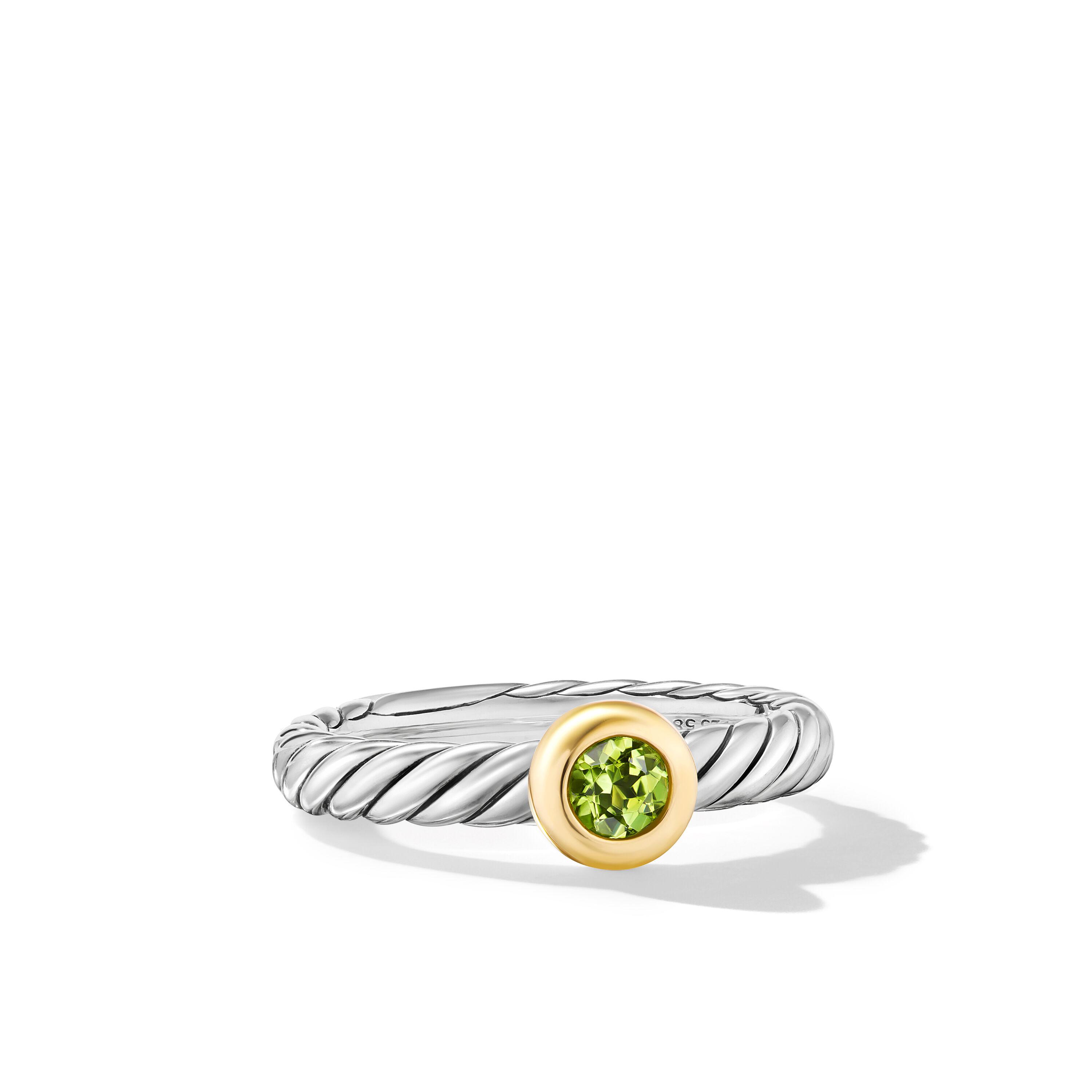David Yurman Petite Cable Ring in Sterling Silver with 14K Yellow Gold and Peridot, Size 6 0
