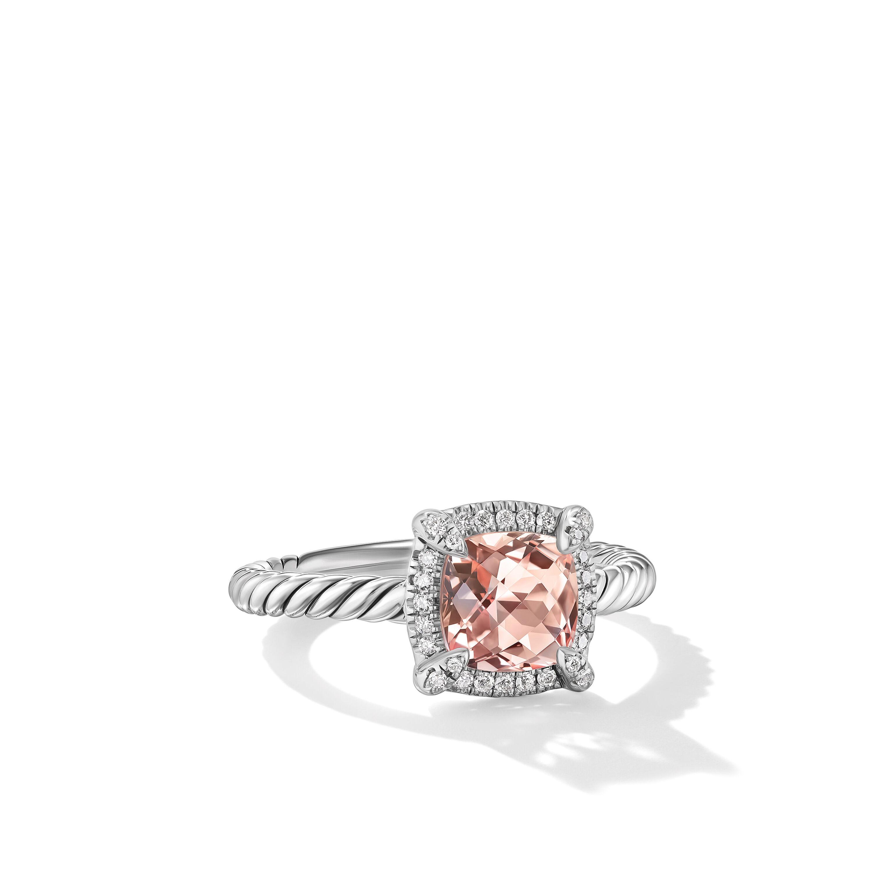 David Yurman Petite Chatelaine Pave Bezel Ring in Sterling Silver with Morganite and Diamonds, Size 6.5