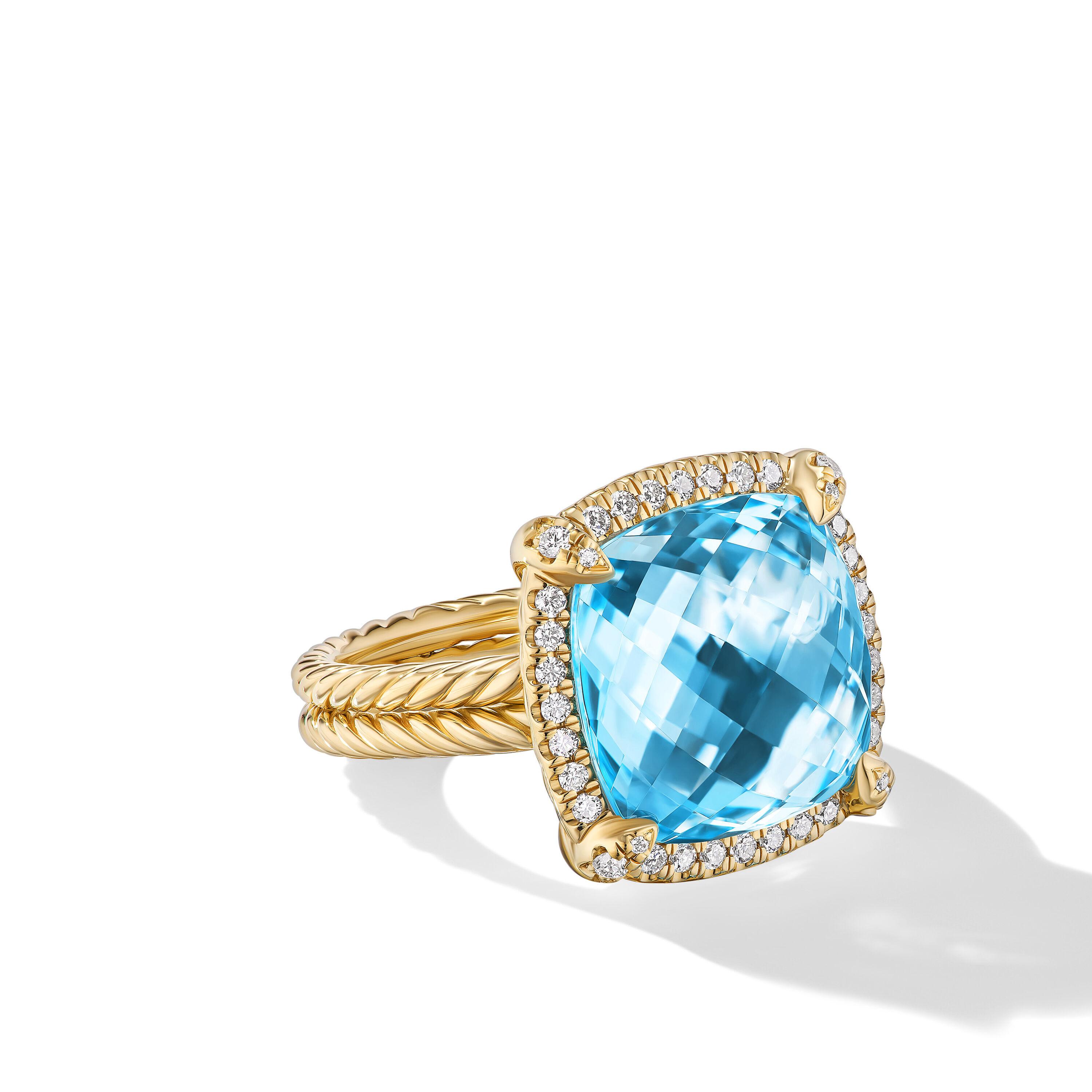 David Yurman Chatelaine 14mm Pave Bezel Ring in 18K Yellow Gold with Blue Topaz and Diamonds