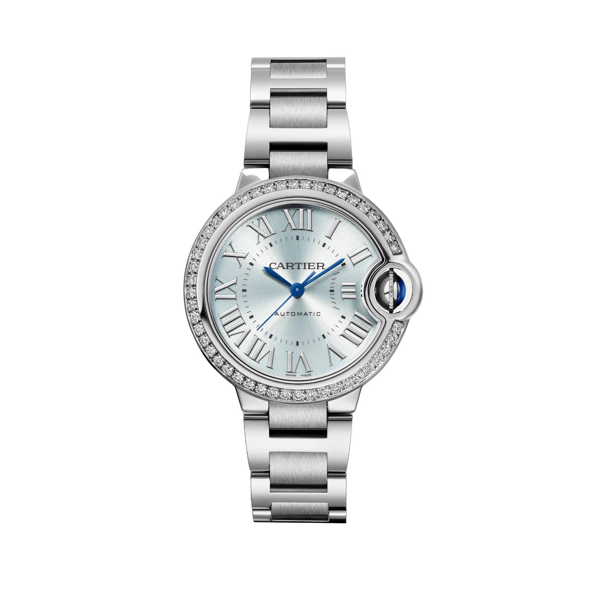 Ballon Bleu de Cartier Watch, Blue Silvered Sunray-Brushed Dial with Diamonds, 33mm
