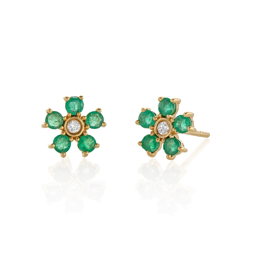 Emerald and Diamond Yellow Gold Flower Stud Earrings 0