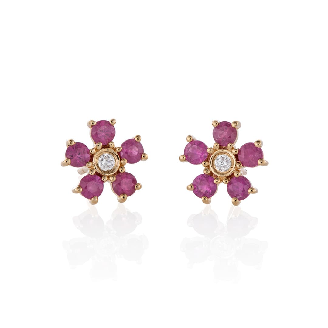 Ruby and Diamond Yellow Gold Flower Stud Earrings