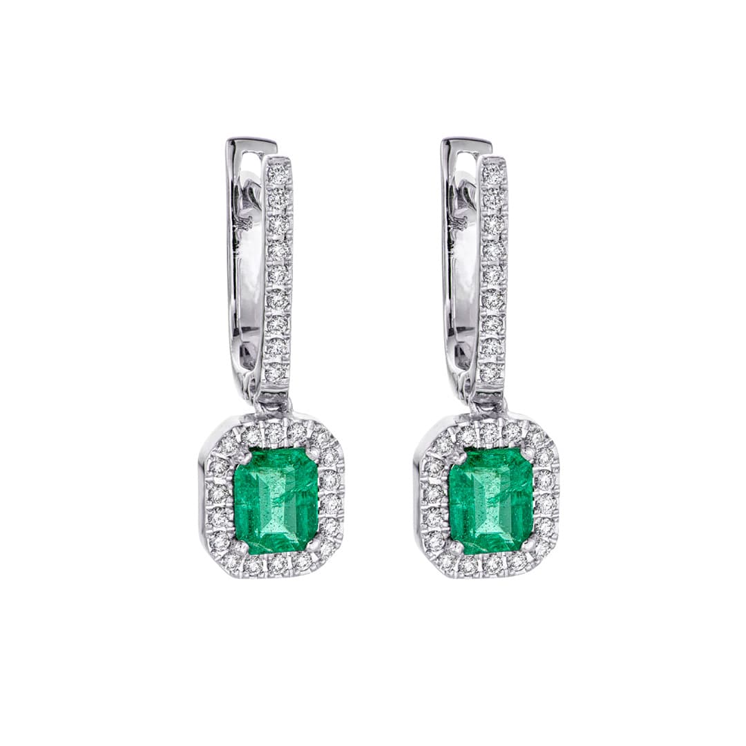 Octagonal Emerald and Diamond Halo Drop Earrings 0