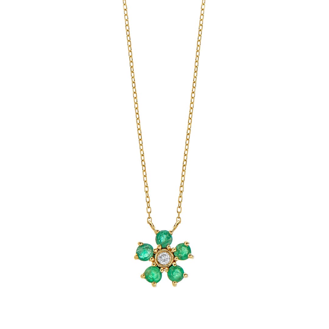 Emerald and Diamond Yellow Gold Flower Pendant Necklace 0