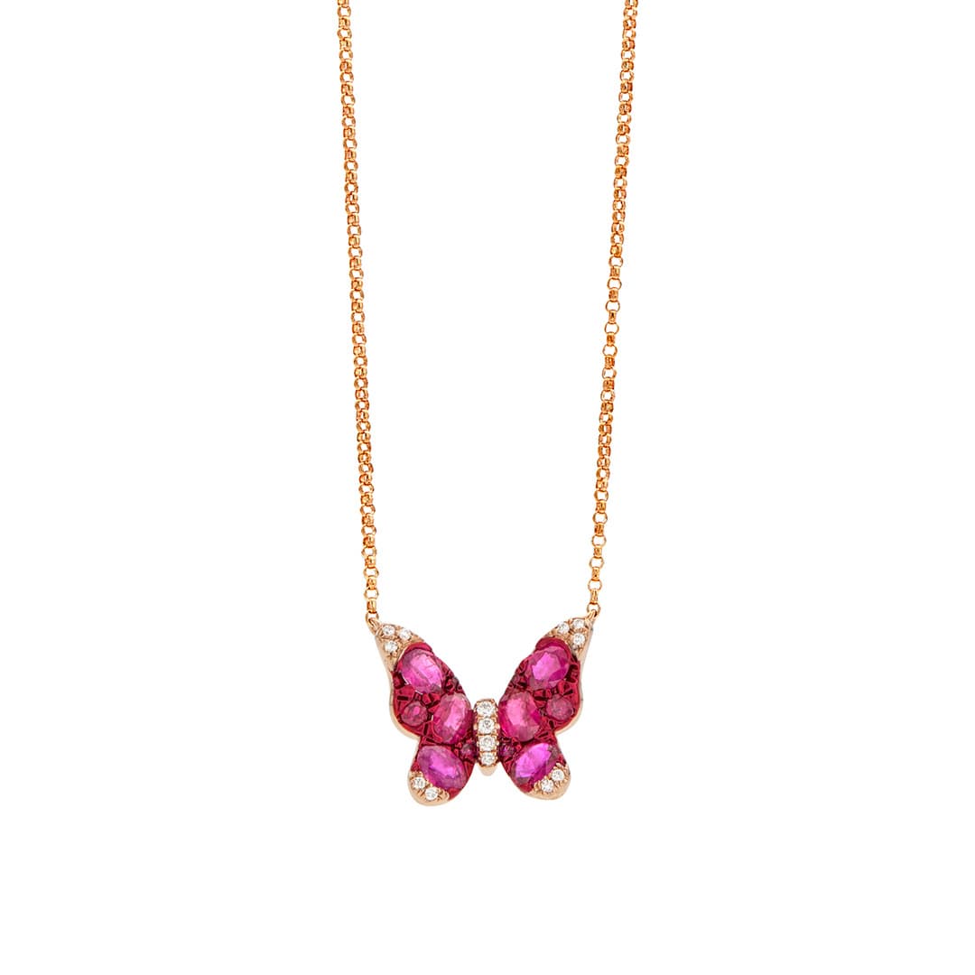 Ruby and Diamond Rose Gold Butterfly Necklace 0