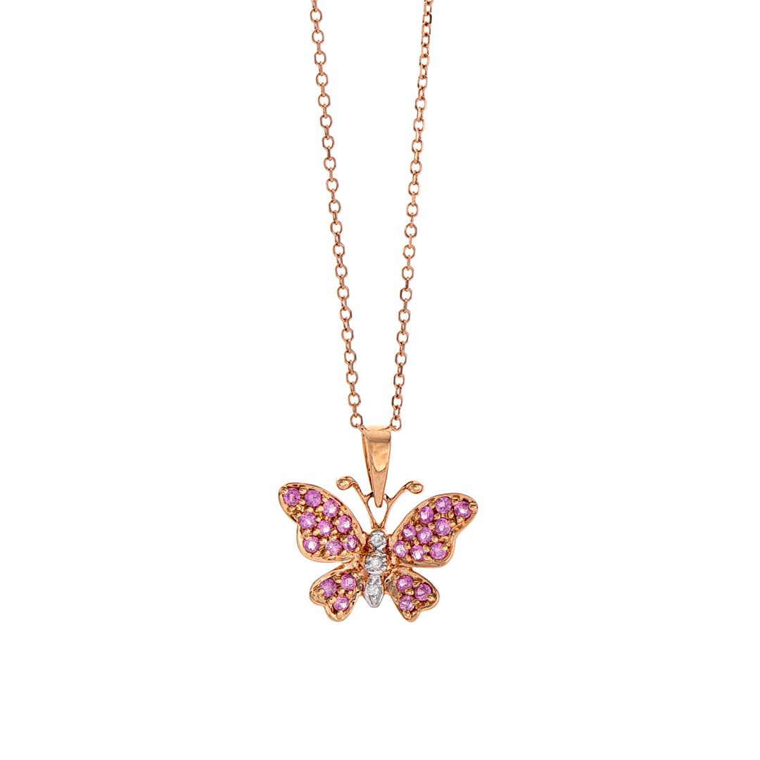 Rose Gold, Pink Sapphire & Diamond Butterfly Pendant Necklace 0
