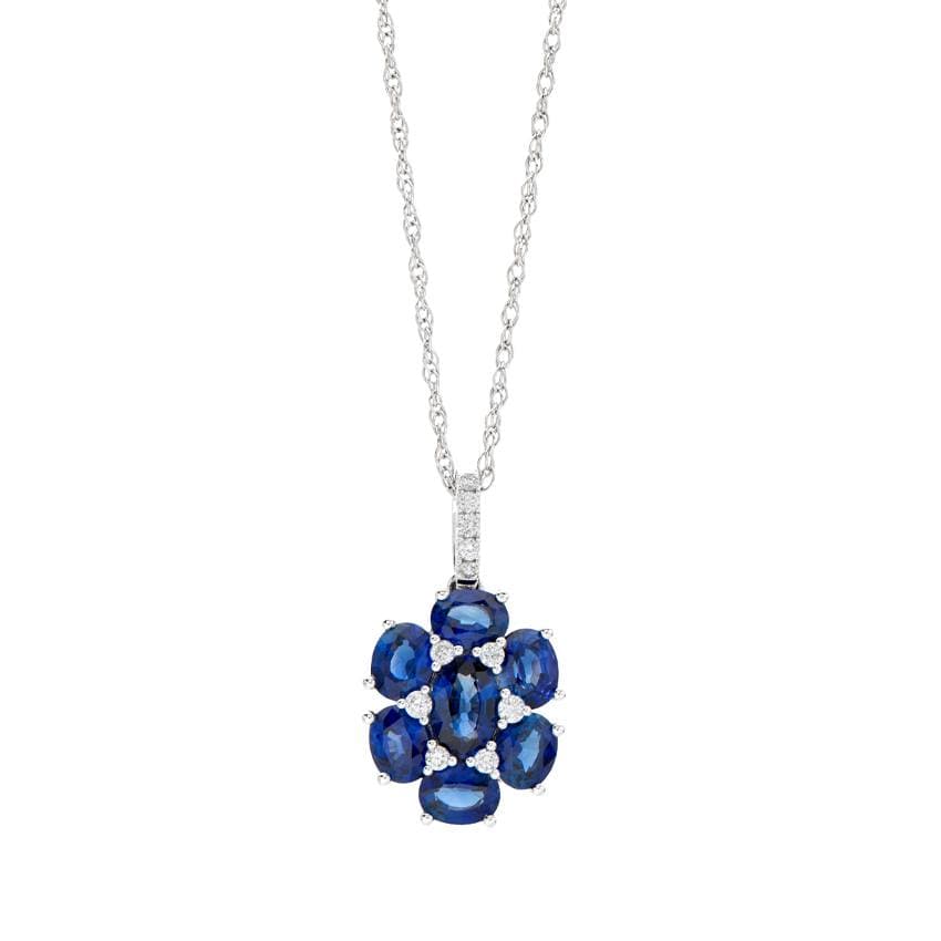 White Gold Oval Sapphire & Pave Diamond Cluster Pendant Necklace