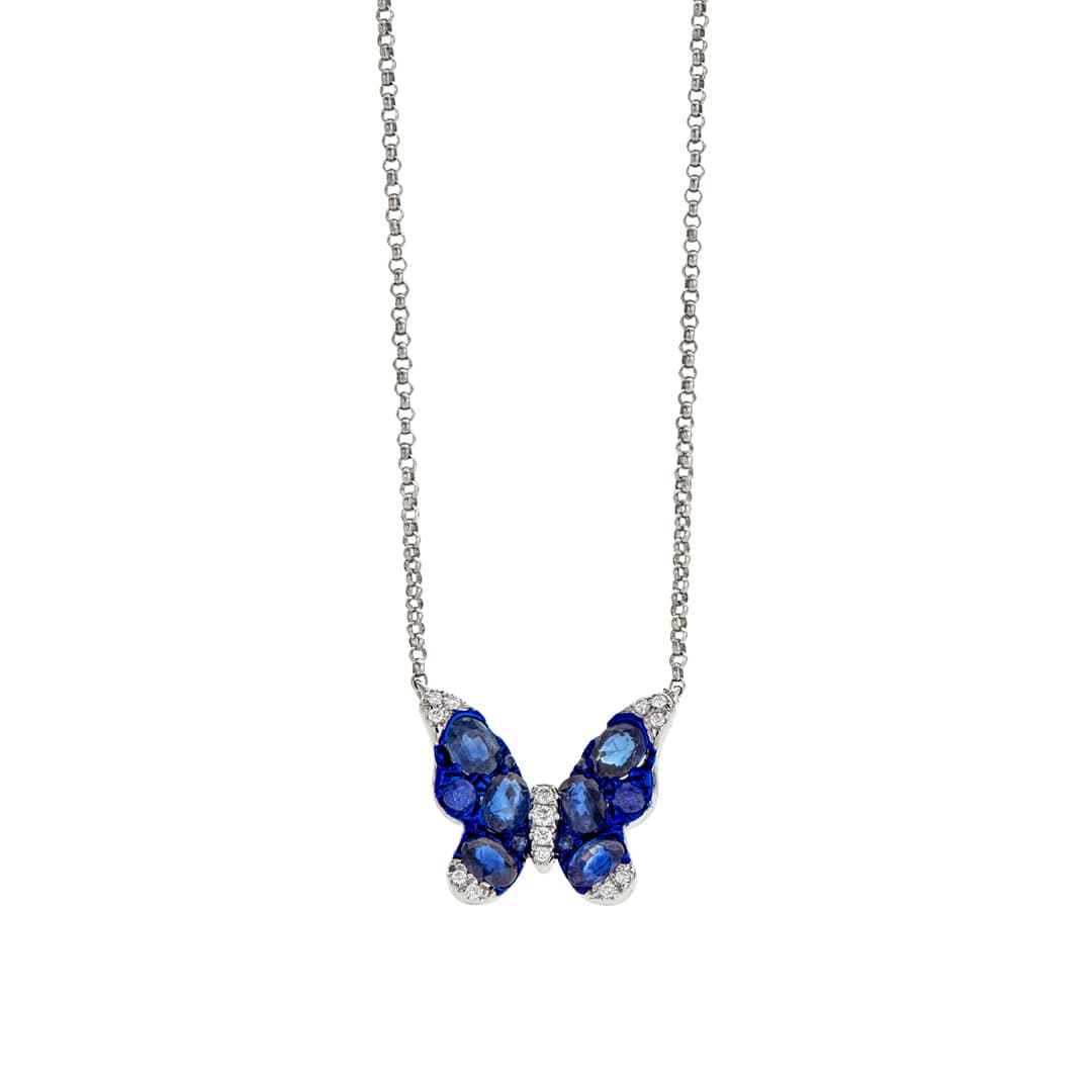 Blue Sapphire and Diamond White Gold Butterfly Necklace 0