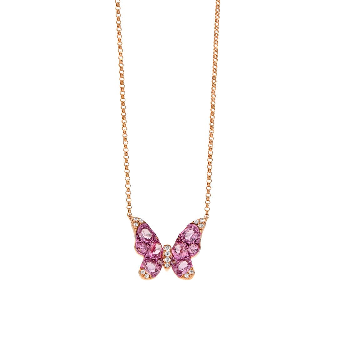 Pink Sapphire and Diamond Rose Gold Butterfly Necklace 0