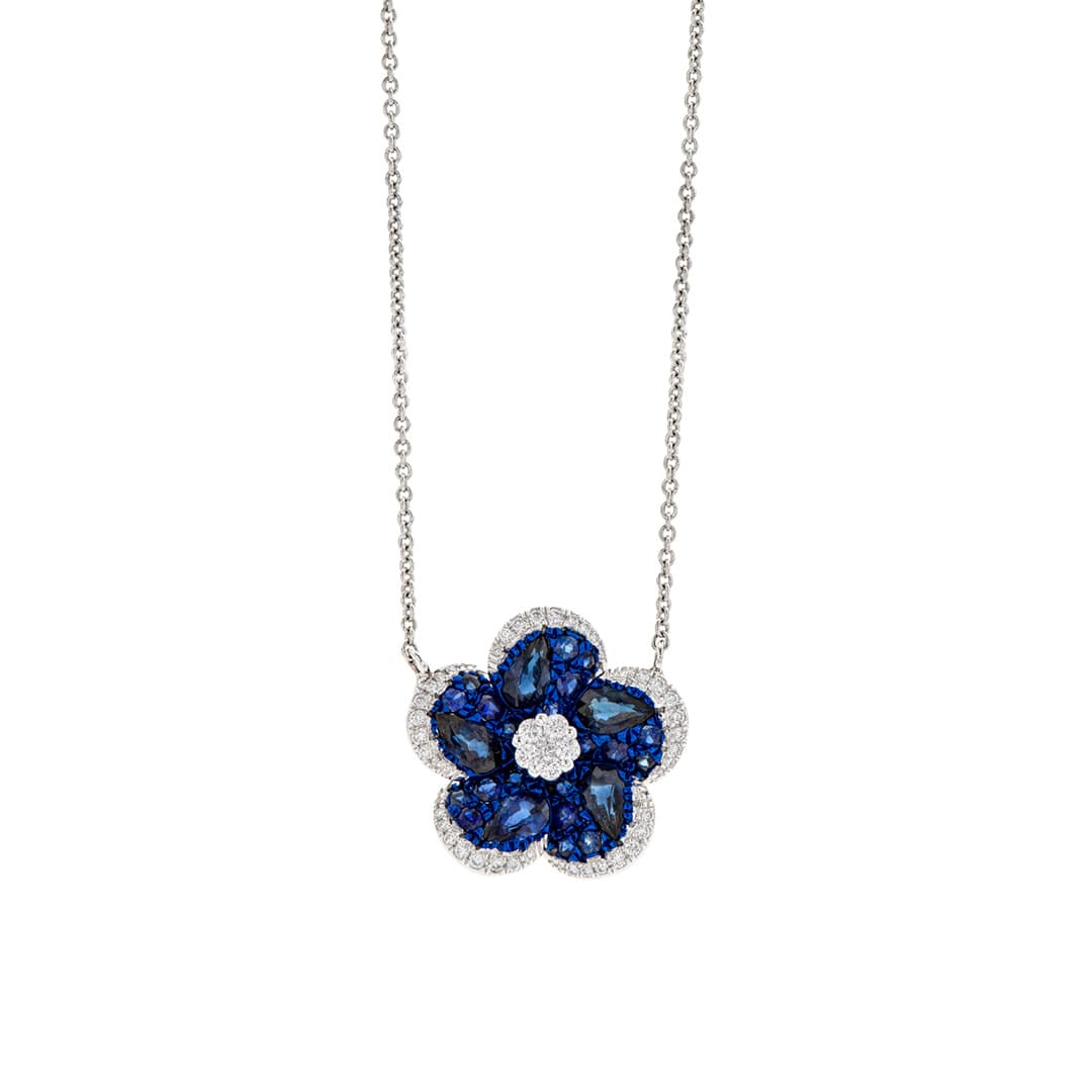 Sapphire and Diamond White Gold Flower Necklace 0