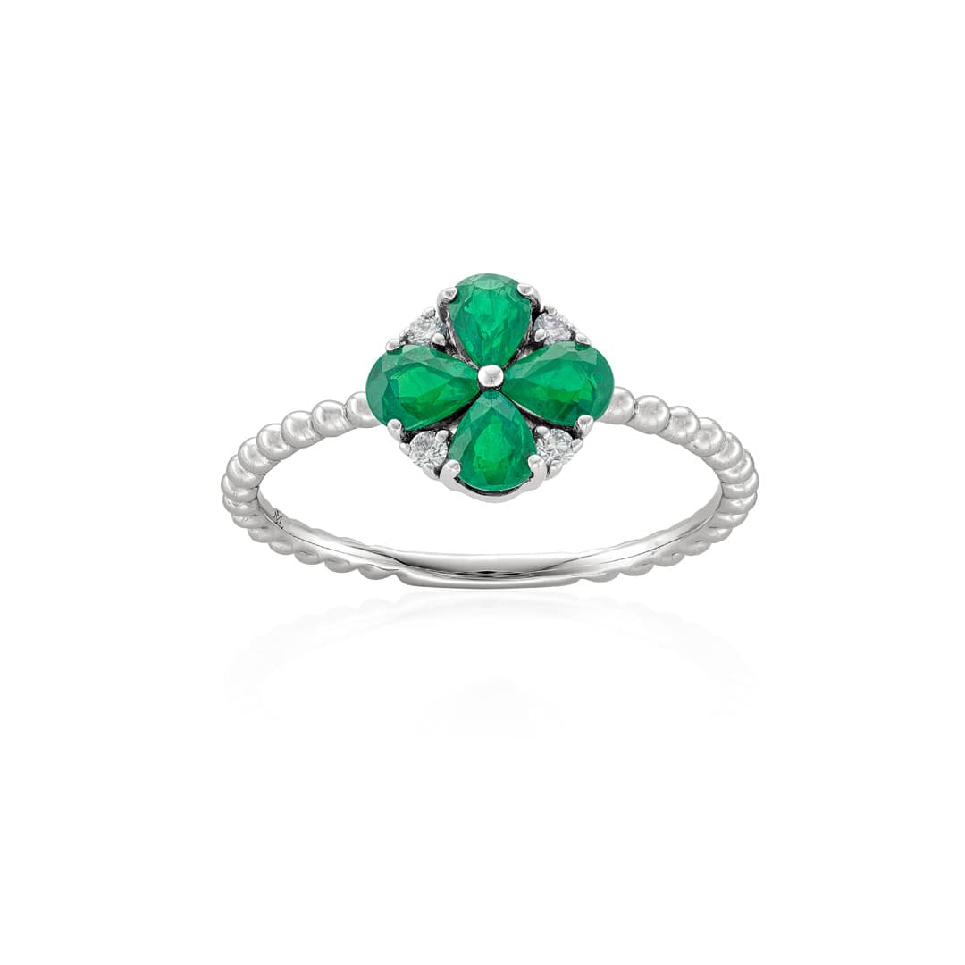 Emerald and Diamond Clover Beaded Stackable Ring