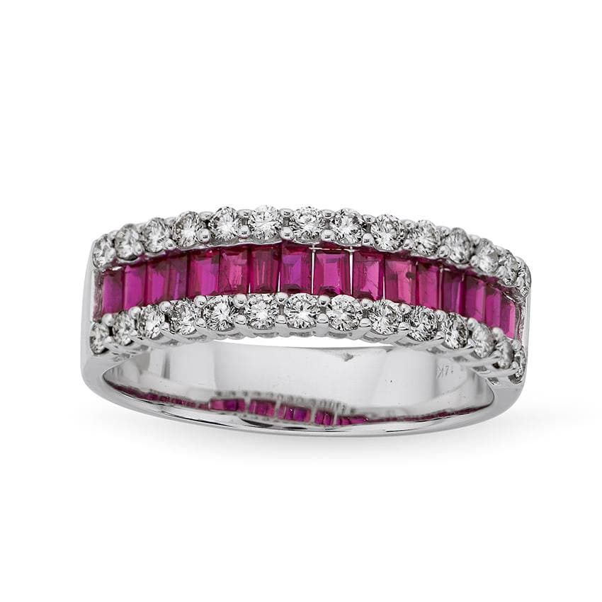 White Gold Baguette Ruby & Round Diamond Band