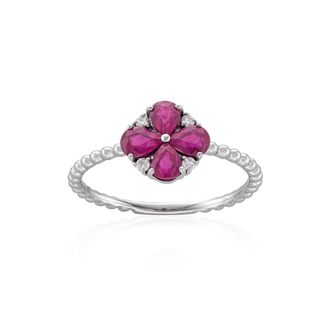 Ruby and Diamond Clover Beaded Stackable Ring 0