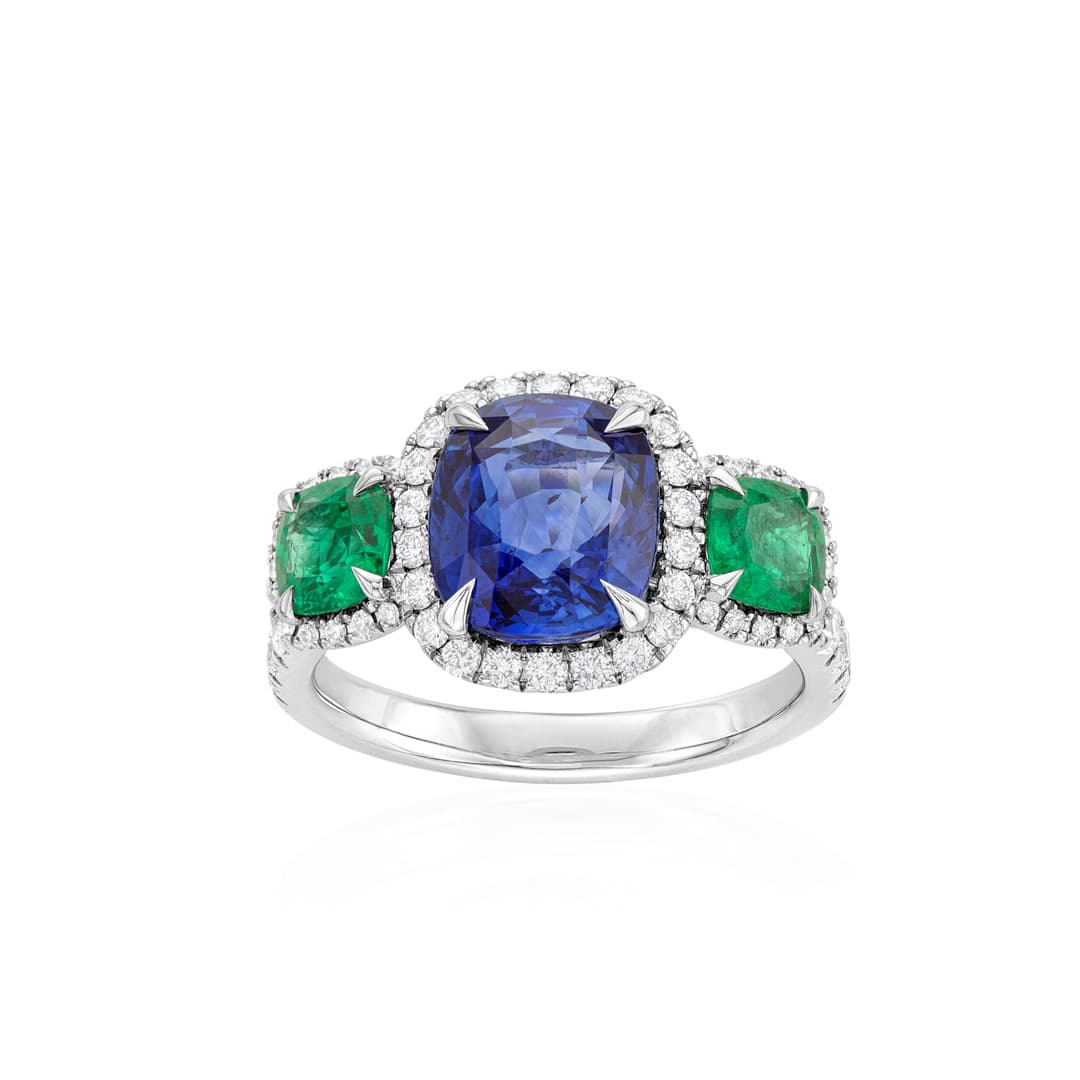 Cushion Emerald and Sapphire Three Stone Halo Ring
