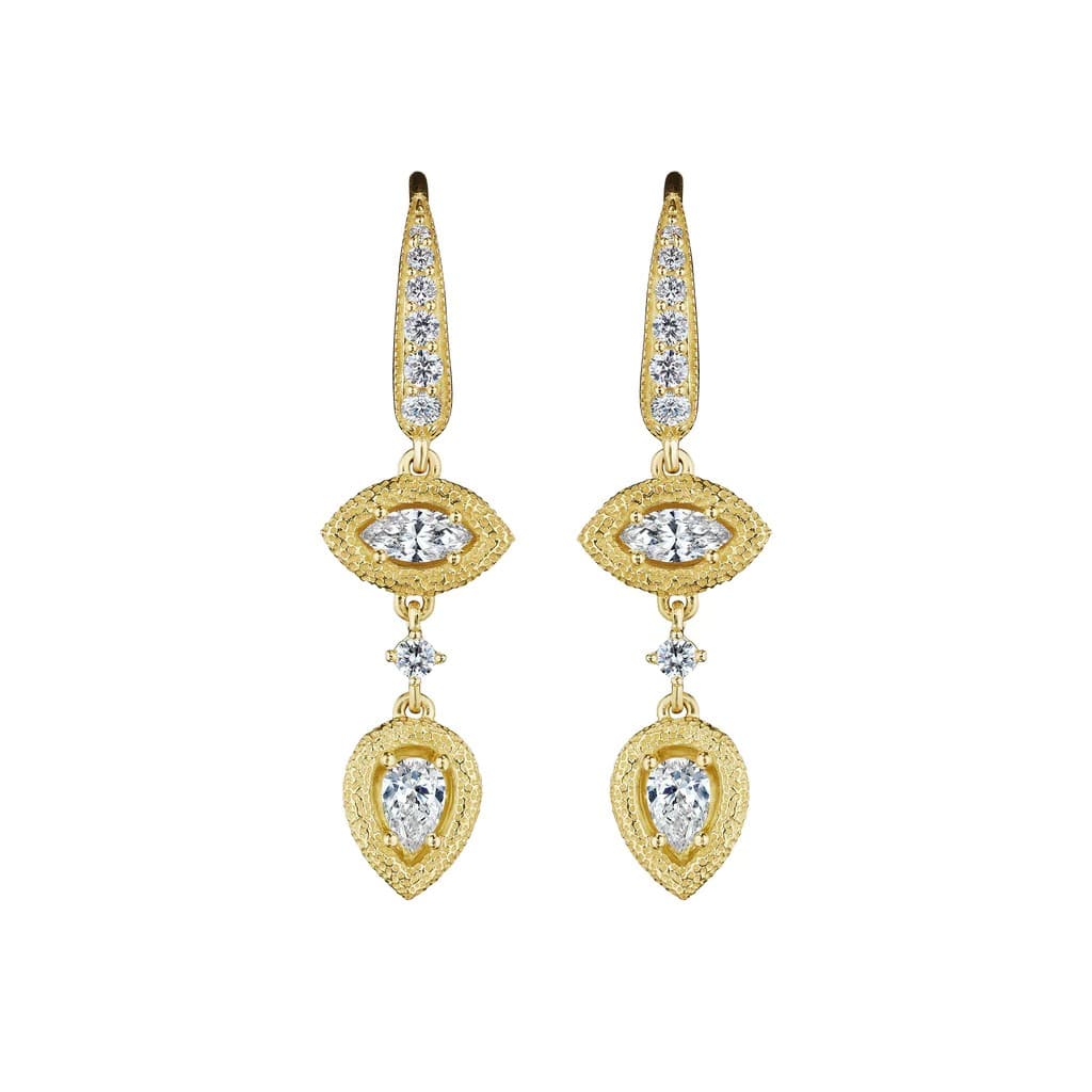 Penny Preville Yellow Gold Long Antique Amulet Marquise and Pear Diamond Drop Earrings
