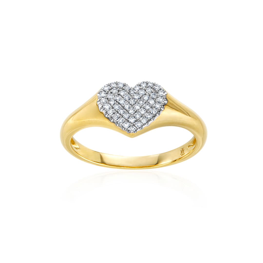Pave Diamond Heart Yellow Gold Signet Ring 0