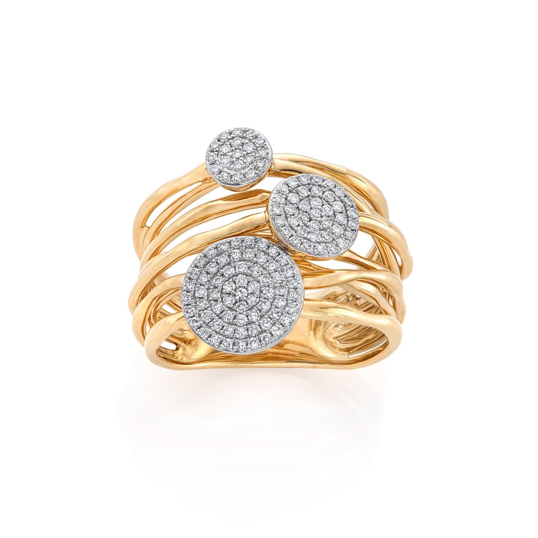 Pave Diamond Three Disc Yellow Gold Crossover Ring 0