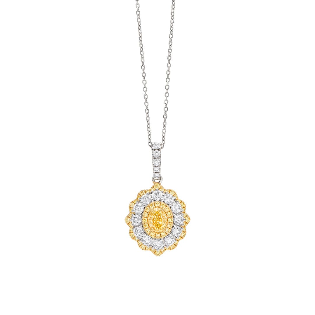 Scalloped Oval Shaped Pendant Necklace with White and Yellow Diamonds