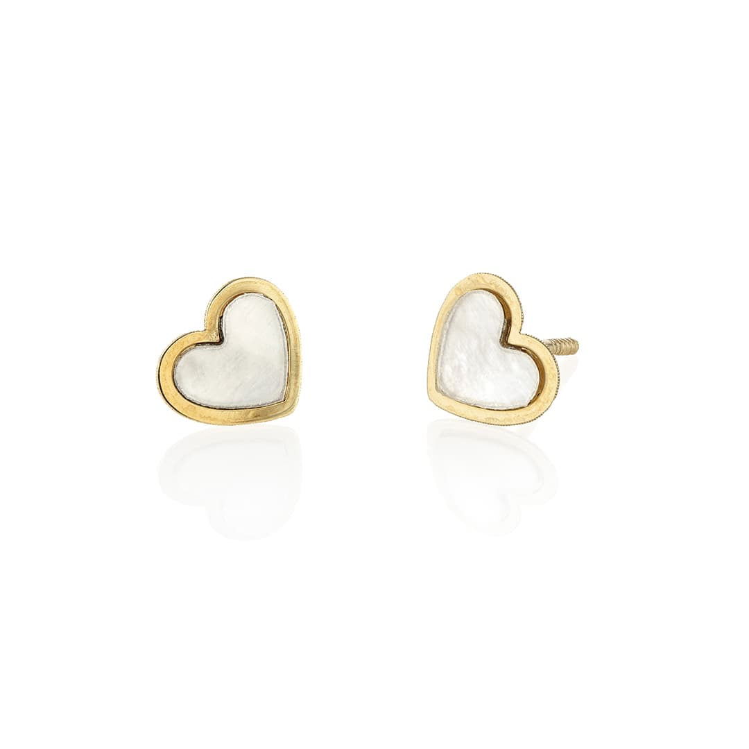 Child\'s Mother of Pearl Heart Earrings in 14k Yellow Gold | Lee Michaels  Fine Jewelry