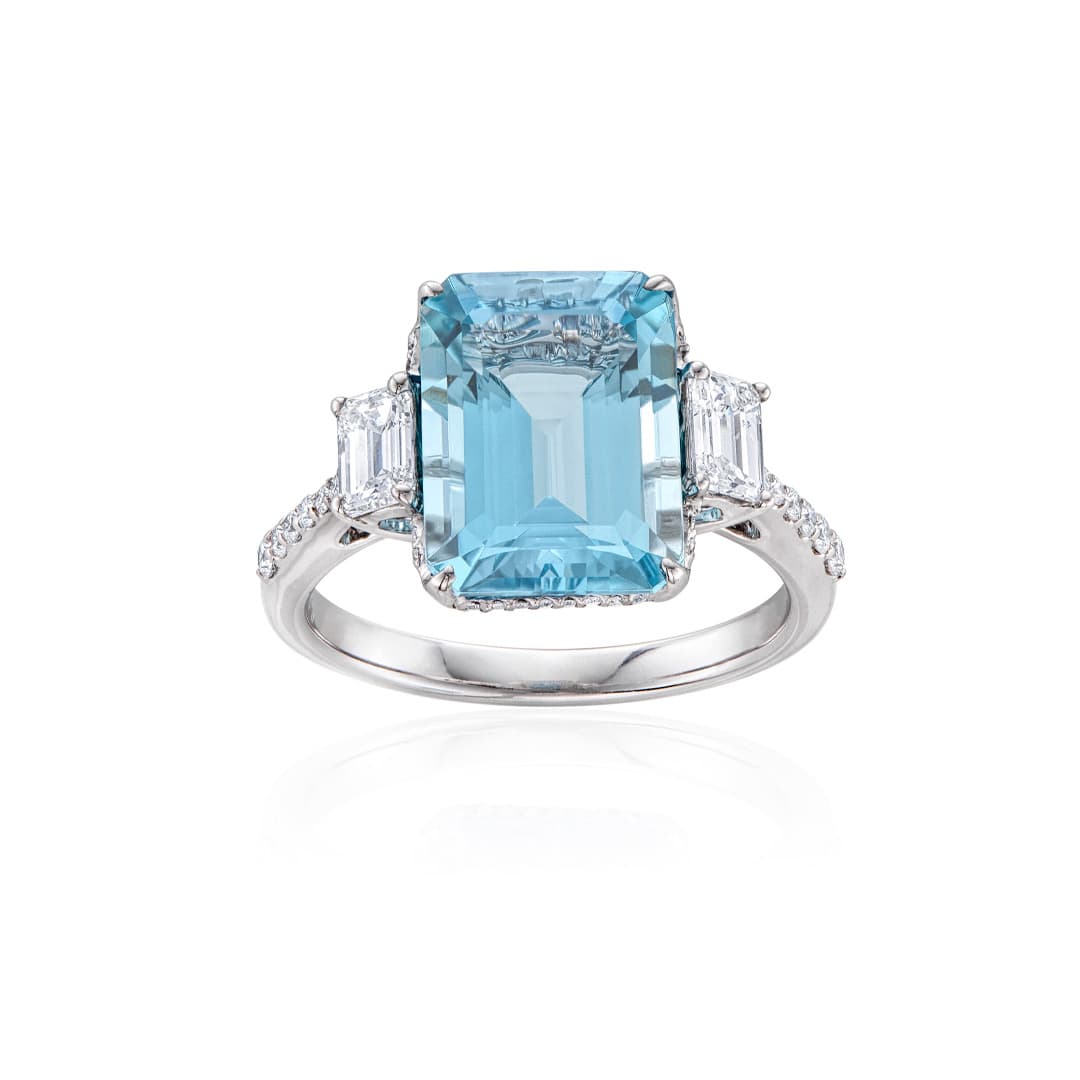 4.37 CT Emerald Cut Aquamarine and Diamond Ring