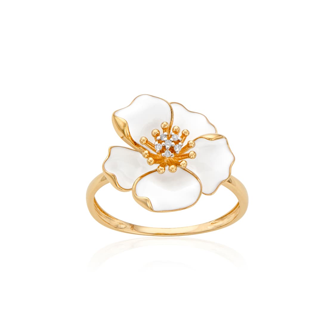 White Enamel and Diamond Flower Ring