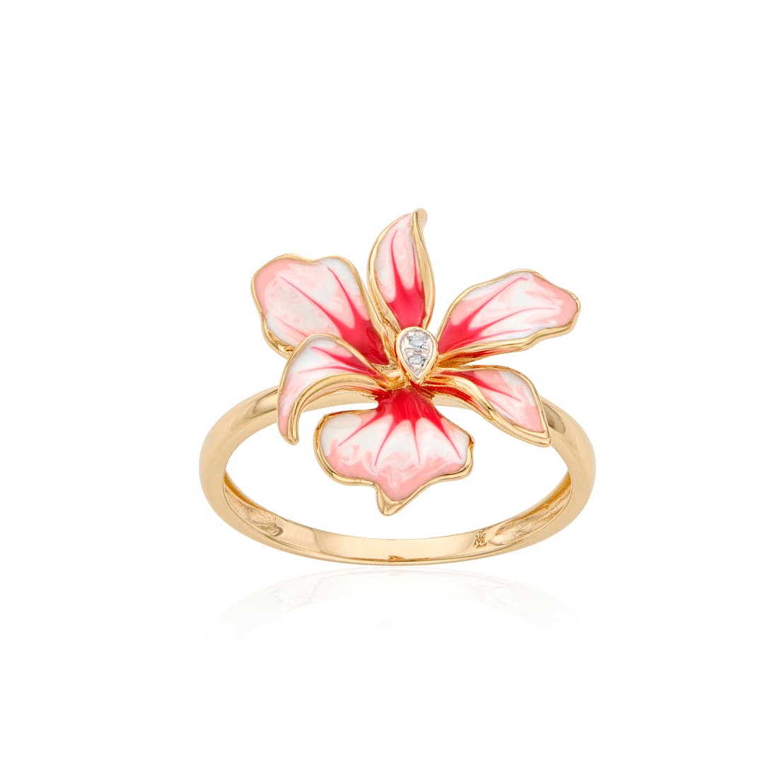 Pink Orchid Enamel and Diamond Flower Ring