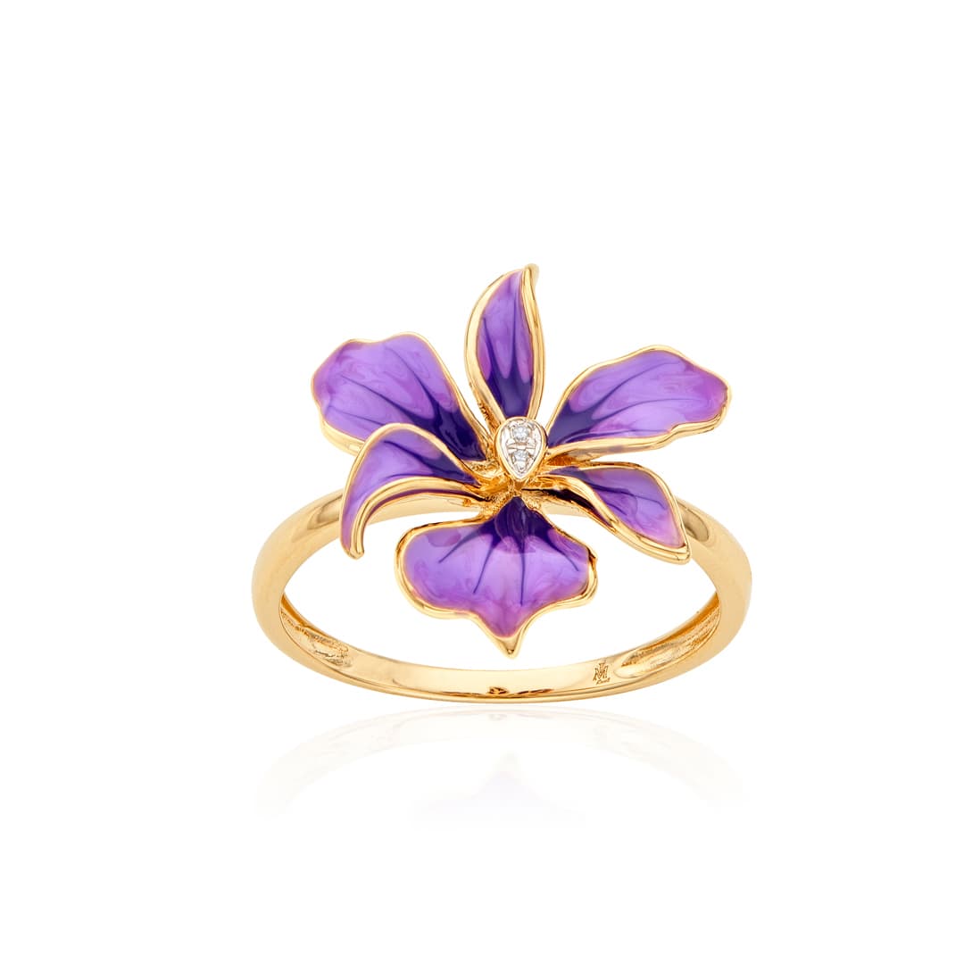 Purple Orchid Enamel and Diamond Flower Ring