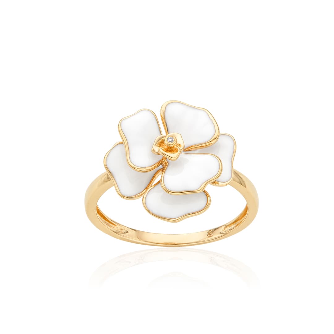 White Enamel Flower Ring  with Diamond Center