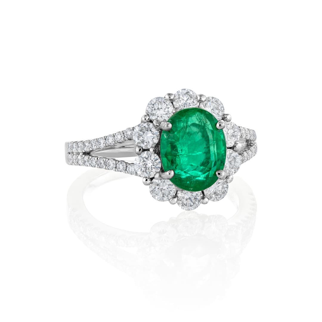 White Gold Oval Emerald & Diamond Split Shank Ring 0