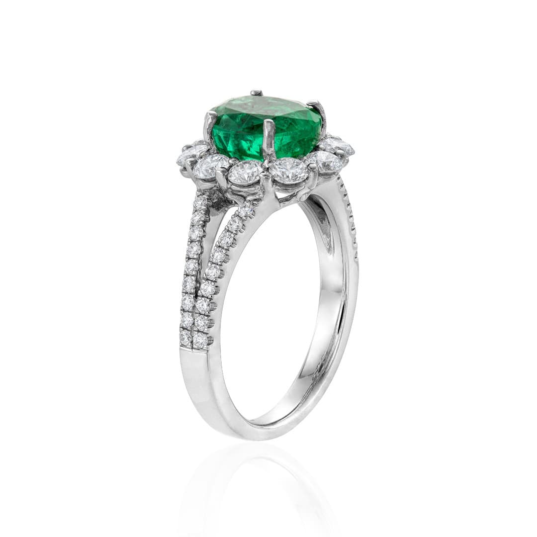 White Gold Oval Emerald & Diamond Split Shank Ring 1