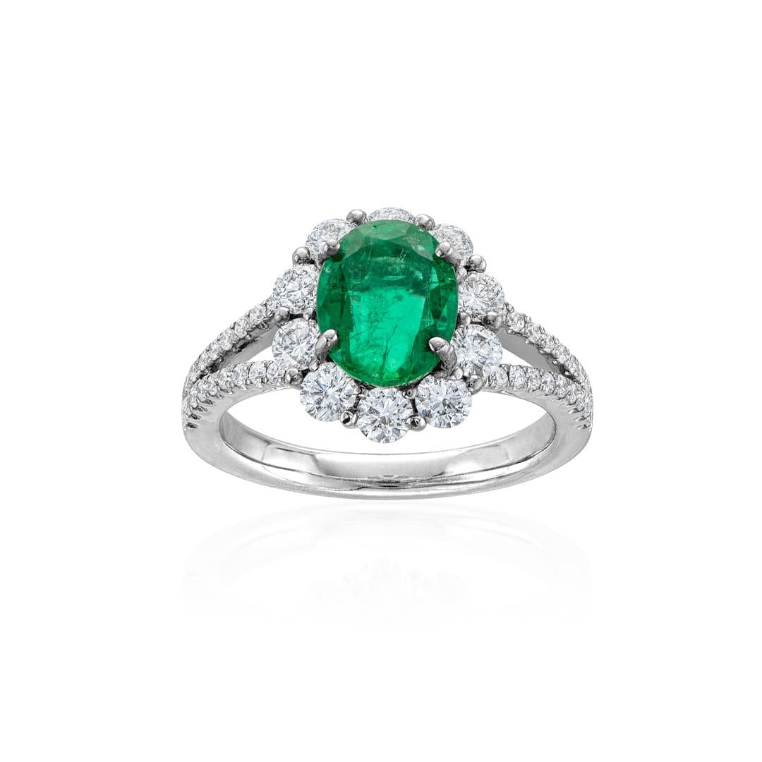 White Gold Oval Emerald & Diamond Split Shank Ring 2
