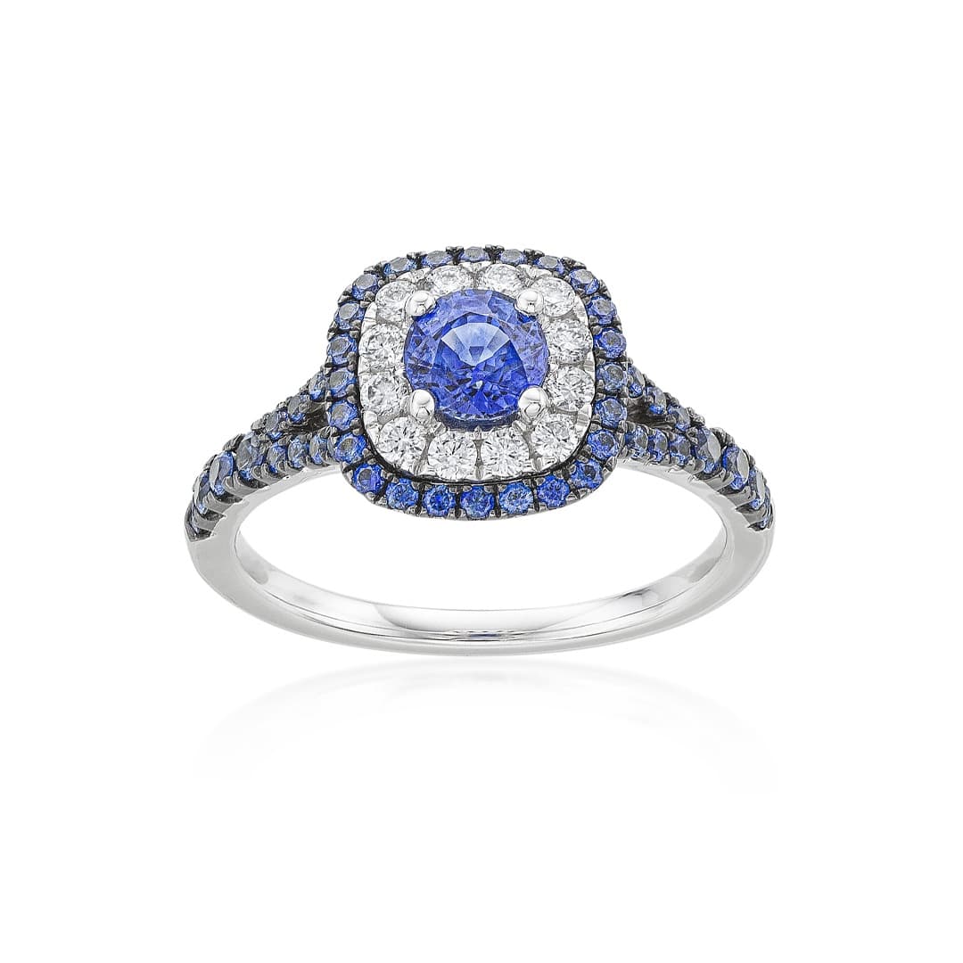 Contemporary White Gold Blue Sapphire & Diamond Double Halo Ring