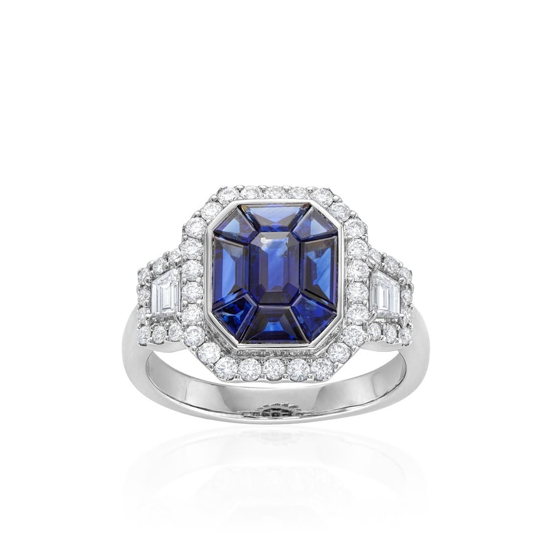 Octagonal Sapphire Cluster Halo Ring 1