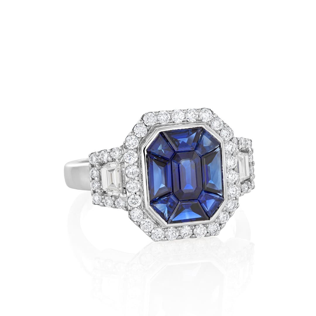 Octagonal Sapphire Cluster Halo Ring 0